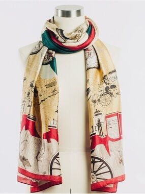 Carriage Print Scarf Red Green Cream Silk-Feel Statement Equestrian